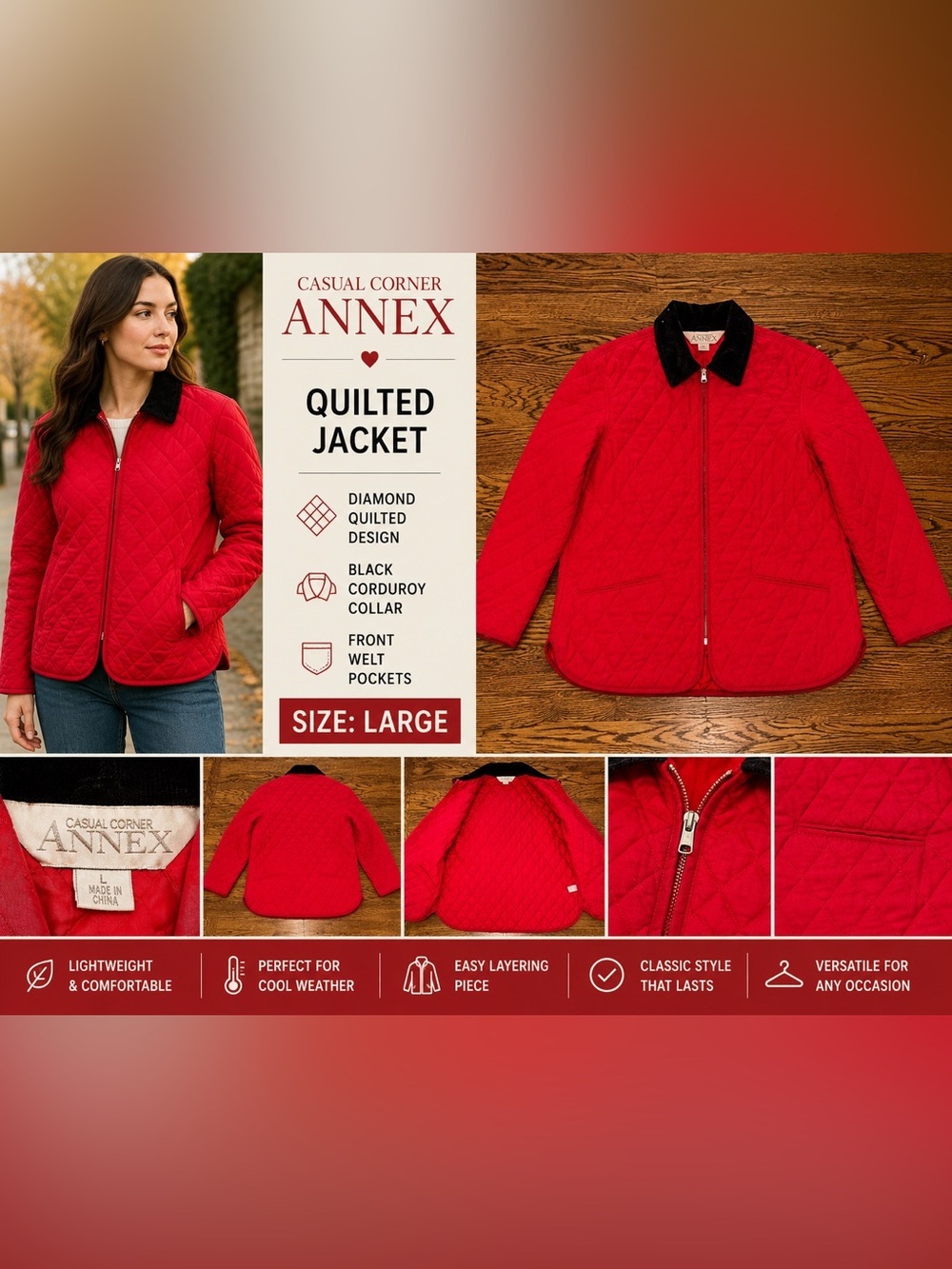 Casual Corner Red Quilted Barn Jacket Women’s Large Corduroy Collar Zip Front